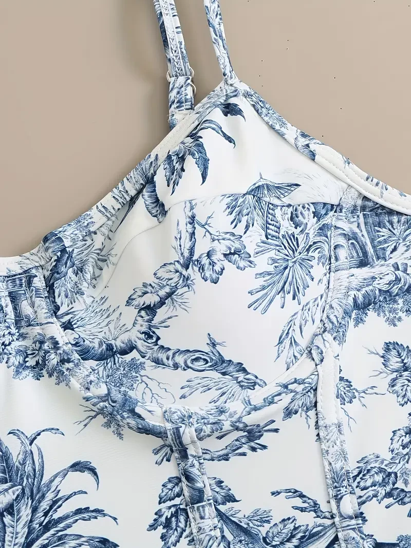 Vintage Blue Chinoiserie Print Push Up 2 Piece Swimsuits, Spaghetti Strap Elegant One-piece Bathing-suit & Tie Side Cover Up