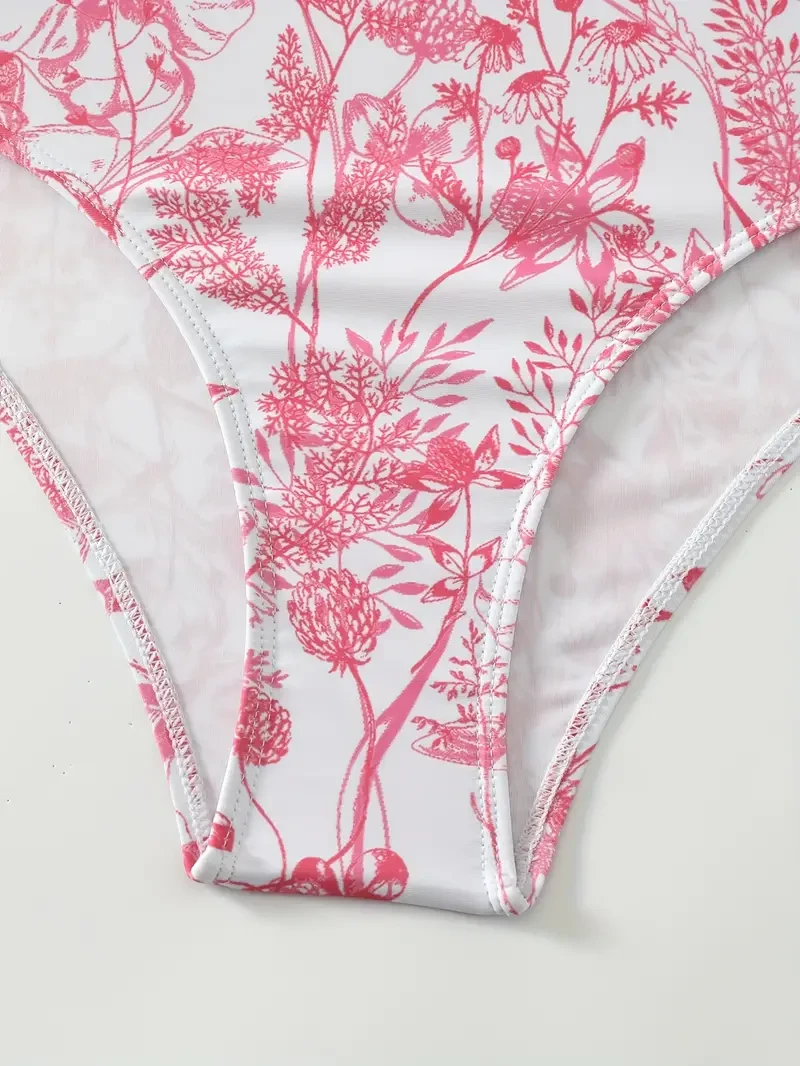 Plant Graphic One-piece Swimsuit, Ruffle Hem Ruched Back Buckle Backless Skirted Bathing Suits, Women's Swimwear & Clothing