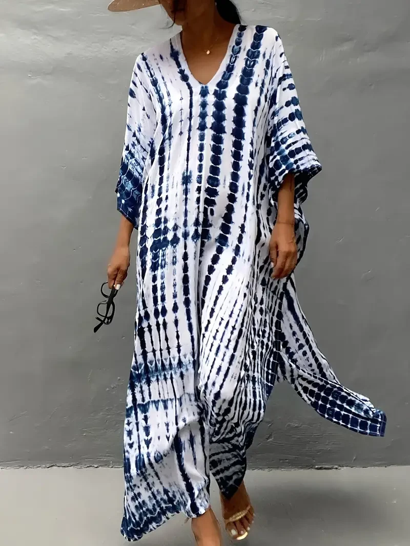 Bohemian Tie-Dye Print Kaftan Beach Cover Up Dress, Loose Women's Swimwear Robe, Casual Summer Style