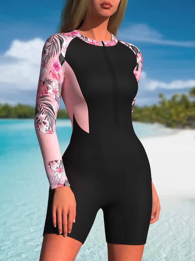 Vibrant Floral Print Rush Guard One-Piece Swimsuit with Shorts - Long Sleeve, Zipper Front, Quick-Drying