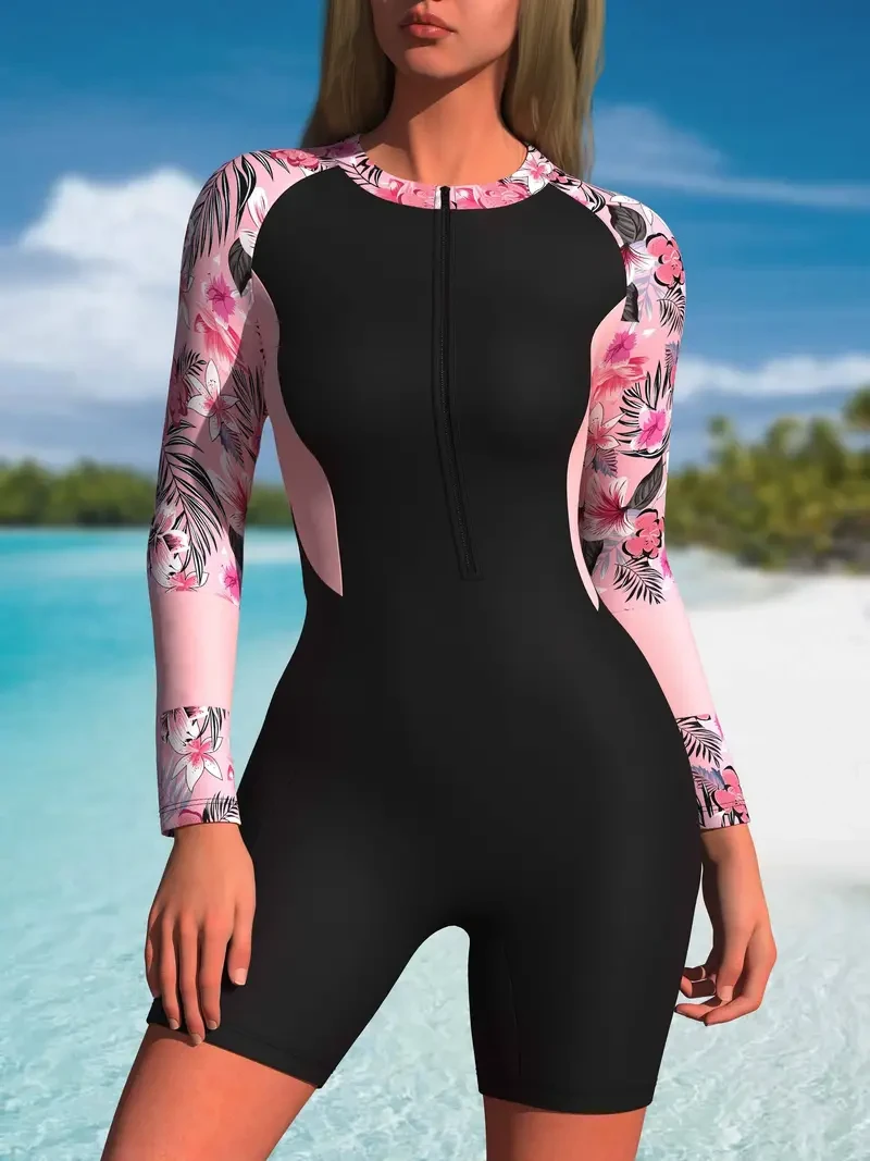 Vibrant Floral Print Rush Guard One-Piece Swimsuit with Shorts - Long Sleeve, Zipper Front, Quick-Drying