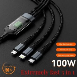 3-in-1 100W Transparent Fast Charging Cable - Type-C, USB, Micro USB