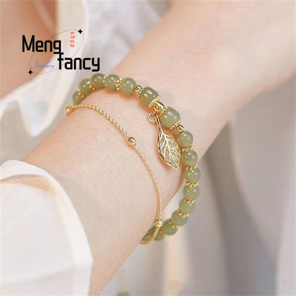 Natural Hetian Jasper Bracelet  Golden Branch & Jade Leaves Charm
