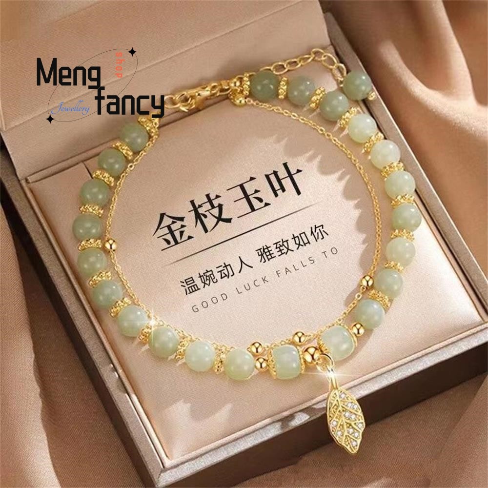 Natural Hetian Jasper Bracelet  Golden Branch & Jade Leaves Charm