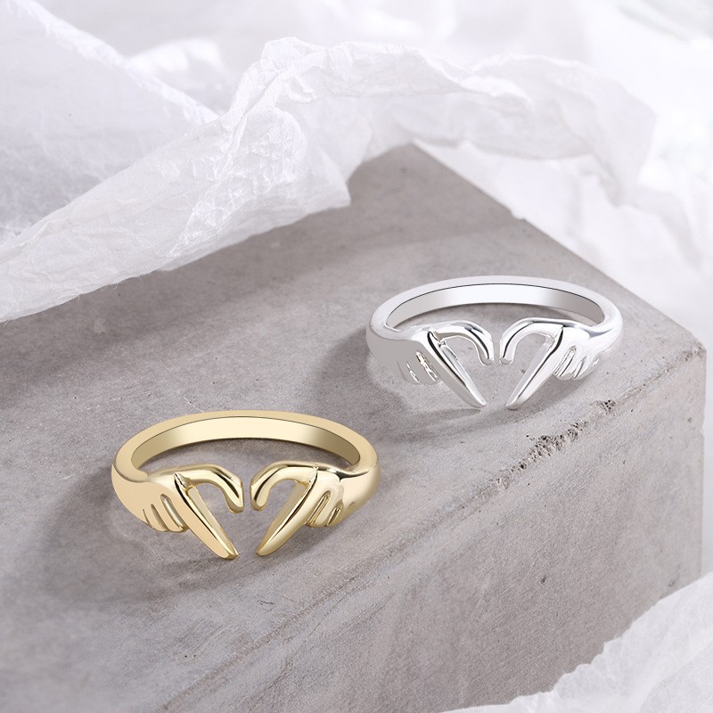 Romantic Heart & Hand Couple Ring Silver Adjustable Open Ring for Lovers