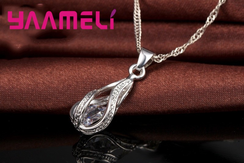 Water Drop CZ Sterling Silver Jewelry Set Pendant Necklace & Hoop Earrings for Women