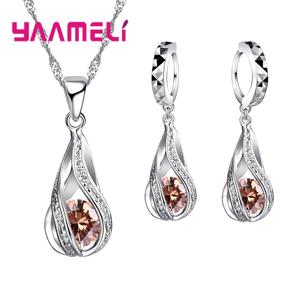 Water Drop CZ Sterling Silver Jewelry Set Pendant Necklace & Hoop Earrings for Women