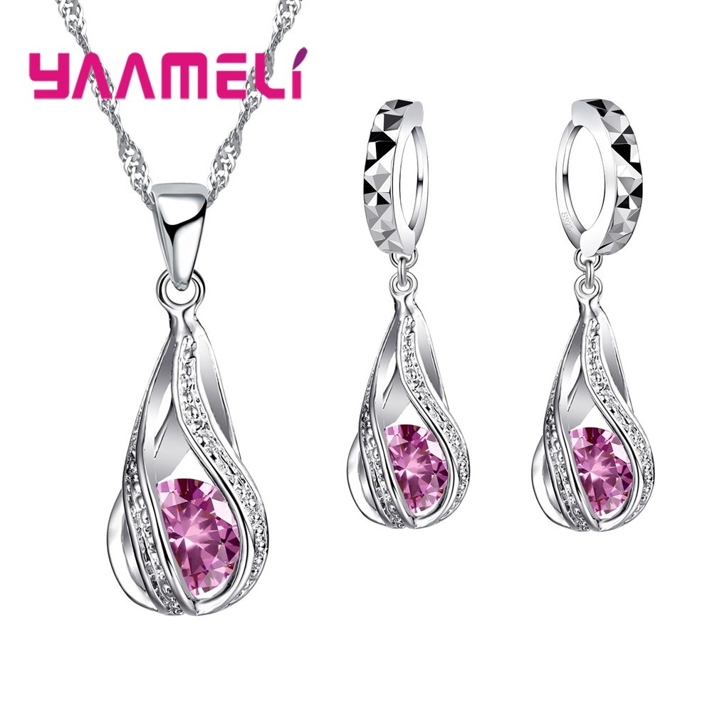 Water Drop CZ Sterling Silver Jewelry Set Pendant Necklace & Hoop Earrings for Women