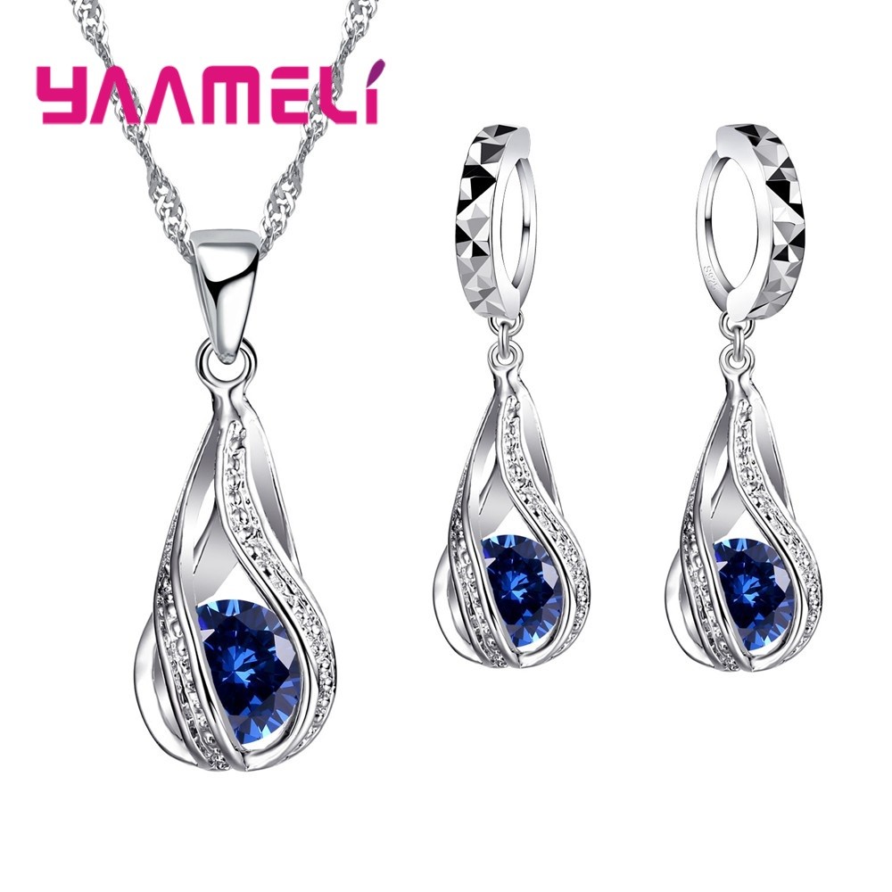 Water Drop CZ Sterling Silver Jewelry Set Pendant Necklace & Hoop Earrings for Women