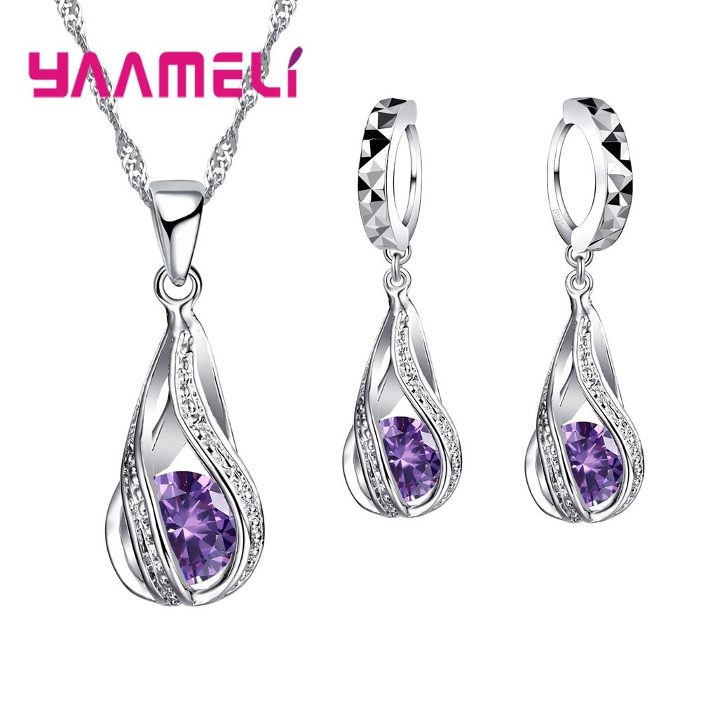 Water Drop CZ Sterling Silver Jewelry Set Pendant Necklace & Hoop Earrings for Women