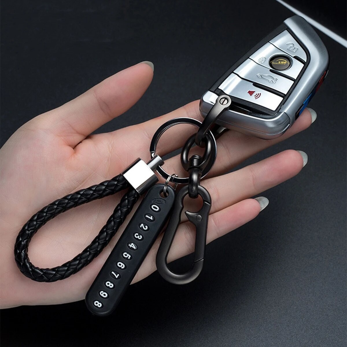 DIY Mobile Number Plate Keychain Punk Woven Leather Anti-Lost Car Keychain for Men