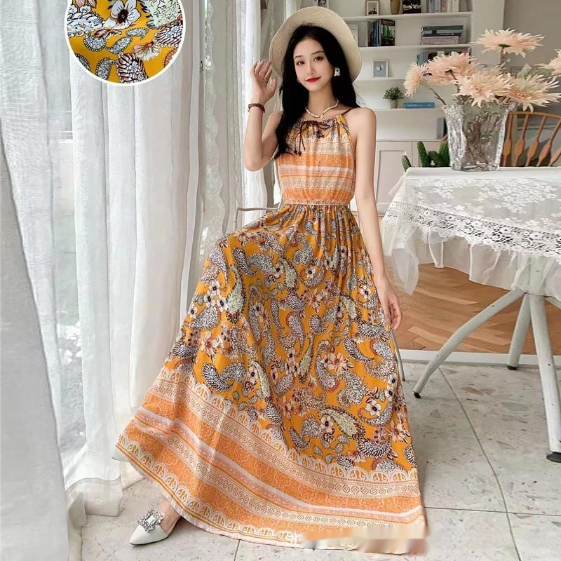 Noil Poplin Dress Large Swing Skirt Vacation Style Suspender Skirt