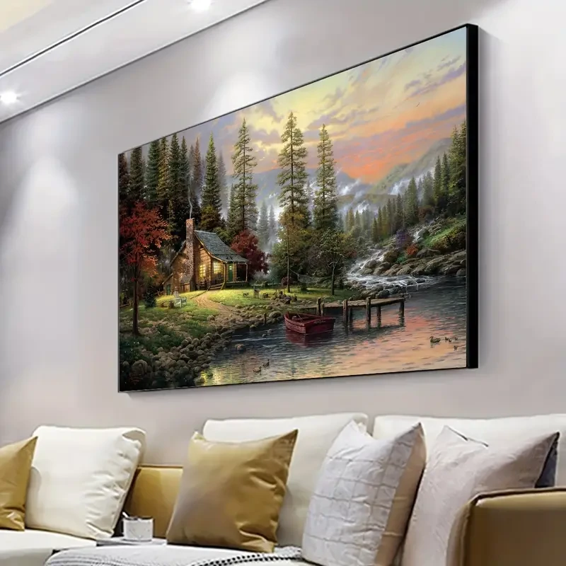 1pc Unframed Rustic Forest Lake Wooden House Scenery Canvas Poster
