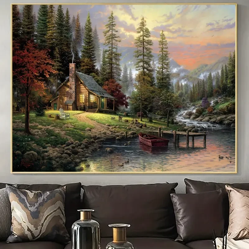 1pc Unframed Rustic Forest Lake Wooden House Scenery Canvas Poster