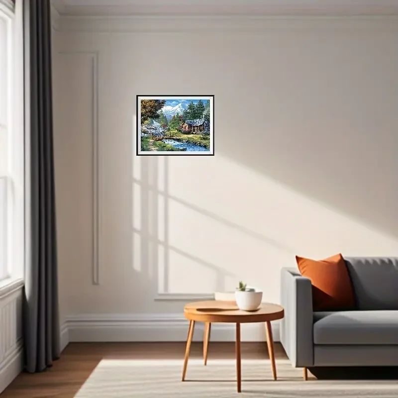 1pc Unframed Rustic Forest Lake Wooden House Scenery Canvas Poster