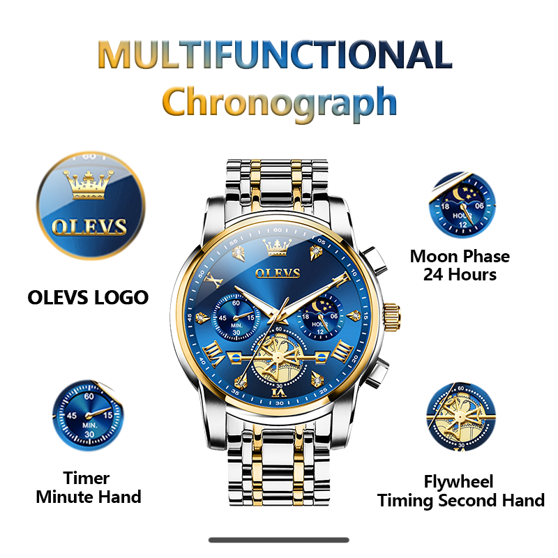 OLEVS Mens Classic Multifunction Quartz Watch Flywheel Chronograph with Moon Phase & 24-Hour Display