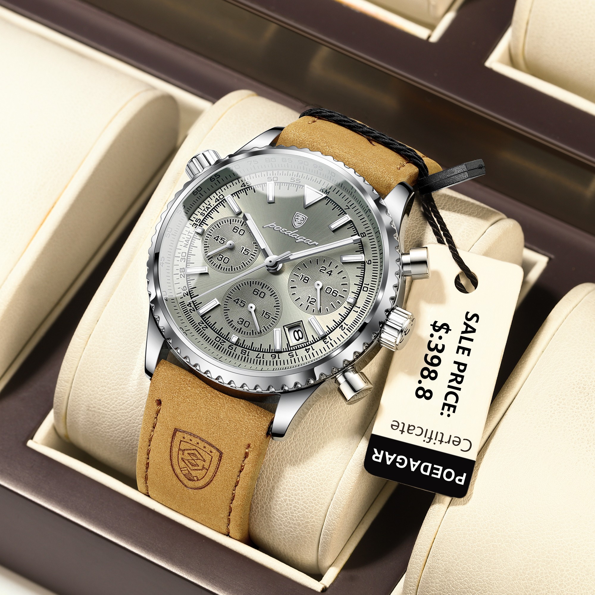 POEDAGAR Luxury Mens Quartz Watch Waterproof Luminous Chronograph with Date & Leather Strap