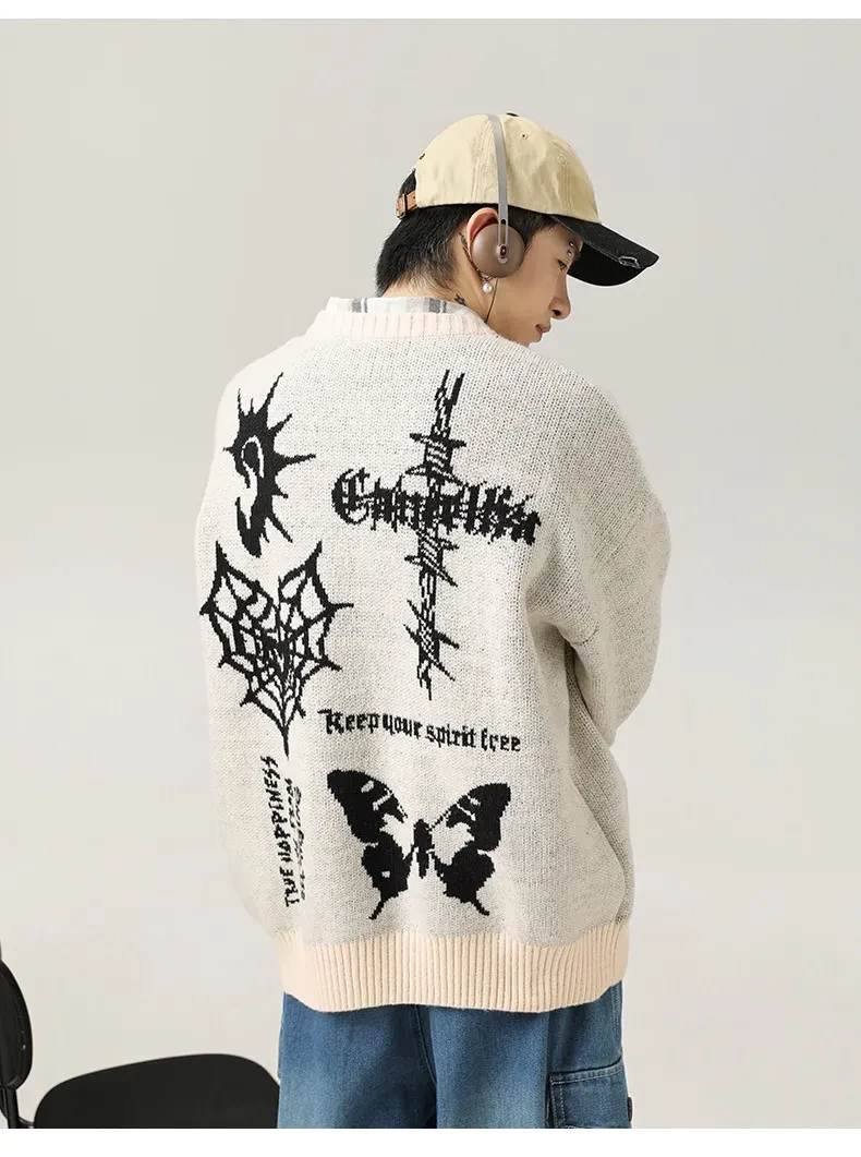 American Retro Hand-painted Jacquard Round Neck Sweater