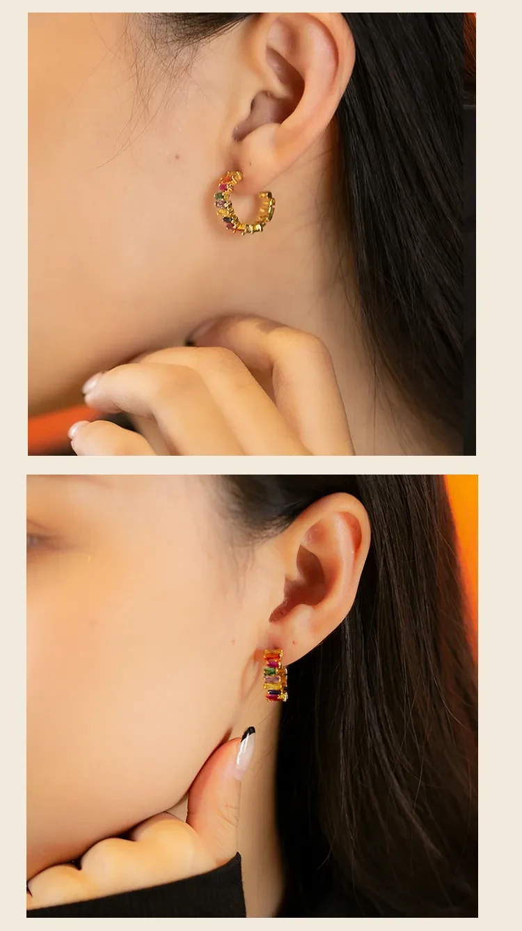 Colorful Zircon 18K Real Gold Rainbow C- Shaped Earrings