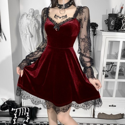 Sexy Lace Stitching Flared Long Sleeve Dress