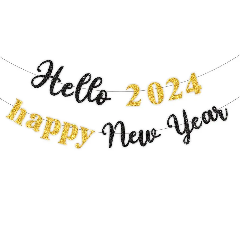 Party Hello Banner Layout Glitter Happy New Year Letter Hanging Flag