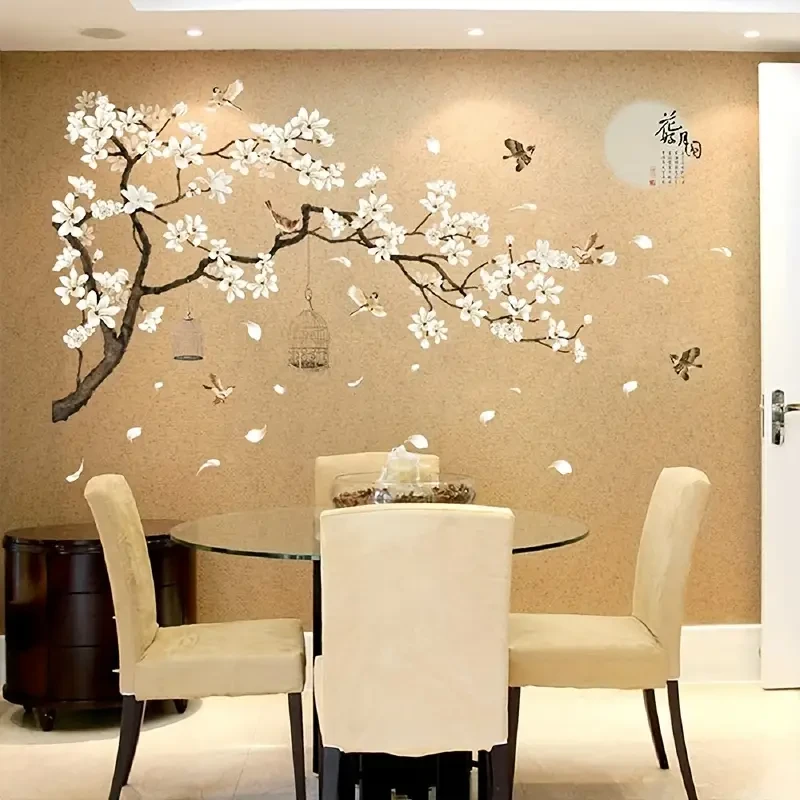 Chinese-Style Wall Stickers  Flying Birds & White Flowers