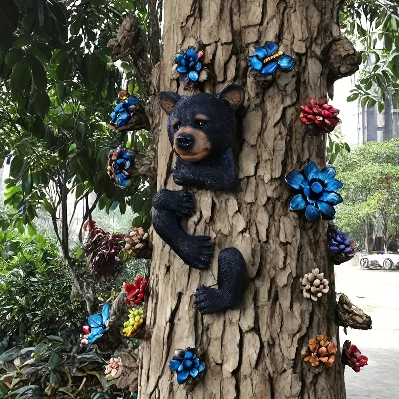 Resin Black Bear Tree Hugger Sculpture  Garden Decoration