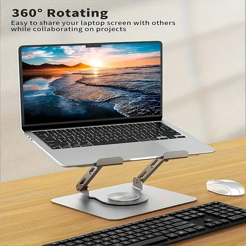 Ergonomic Stainless Steel Laptop Stand with 360 Rotating Base, Adjustable Height & Multi-Angle Folding Design - Fits 25.4-39.62cm Notebooks - Silvery Gray
