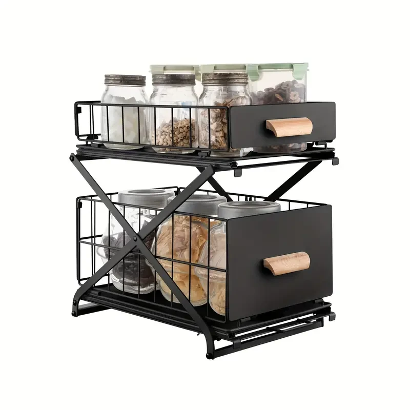 2-Tier Kitchen Bathroom Organizer Countertop Cabinet Spice Storage Basket Under Sink Basin Rack Sliding Drawer Foldable 3-Level Height Adjustable Black