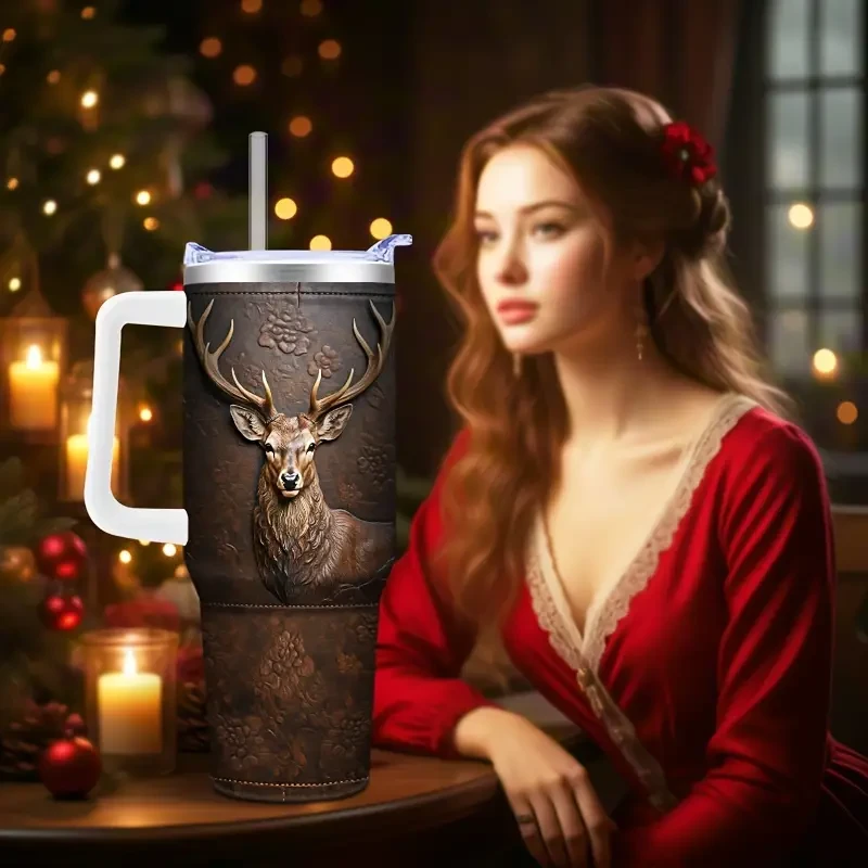 Steel Deer-Themed Tumbler with Lid & Straw - Insulated Car Travel Cup