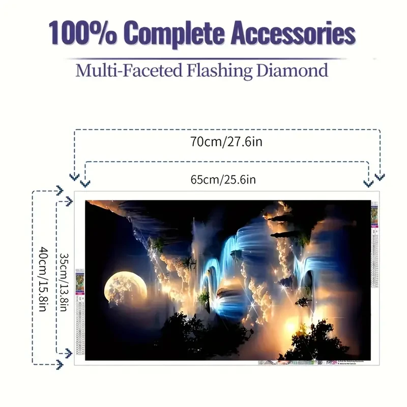 Artistic Painting Of 5D Synthetic Diamond Mountain And Stream, Moon, Night,