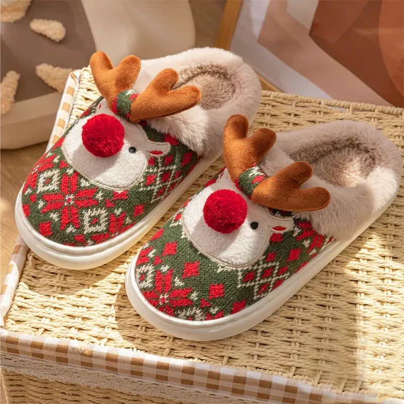 Cute Christmas Elk Plush Slippers  Cozy Non-slip Fuzzy House Shoes for Women