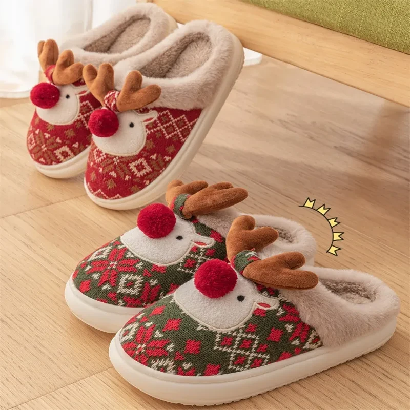 Cute Christmas Elk Plush Slippers  Cozy Non-slip Fuzzy House Shoes for Women