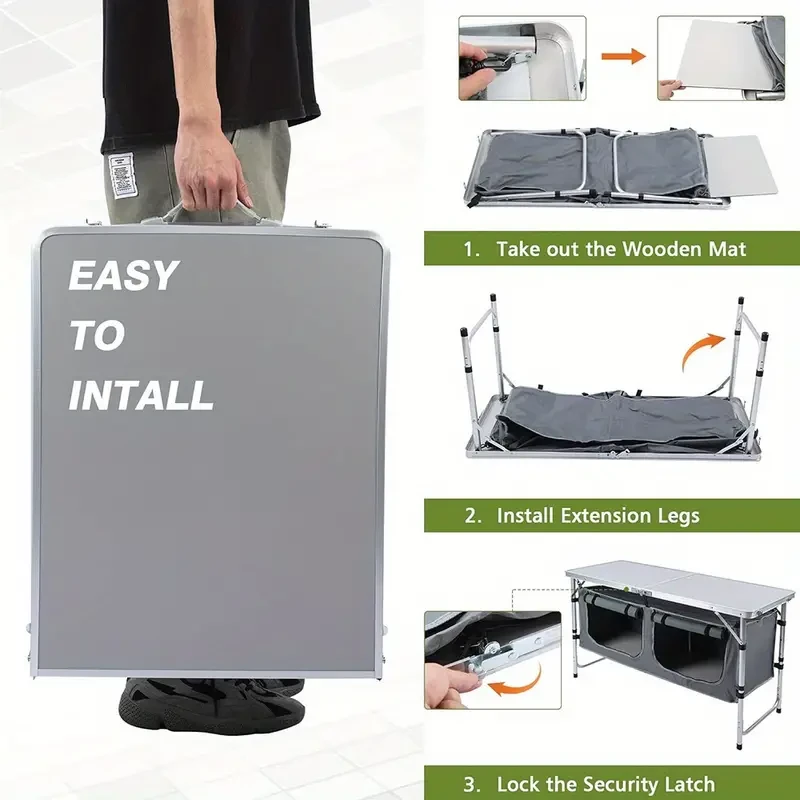 Outdoor Folding Table, Camping Table with Storage Cloth Cabinet, Portable Aluminum Lightweight Table, 3 Adjustable Heights, Suitable for Indoor, Barbecue, Party, Picnic, Camping, Hiking, Beach