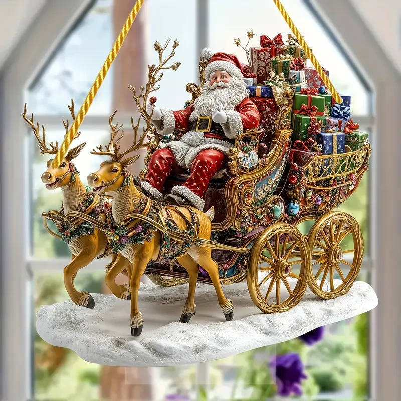 1pc Christmas Sleigh with Santa Claus Figurine - Bohemian Style, 19.81cm X 19.81cm, Acrylic, Multi-Purpose, No Text for Home, Coffee House, Bedroom Decor, Garden, Porch, And Home Decoration