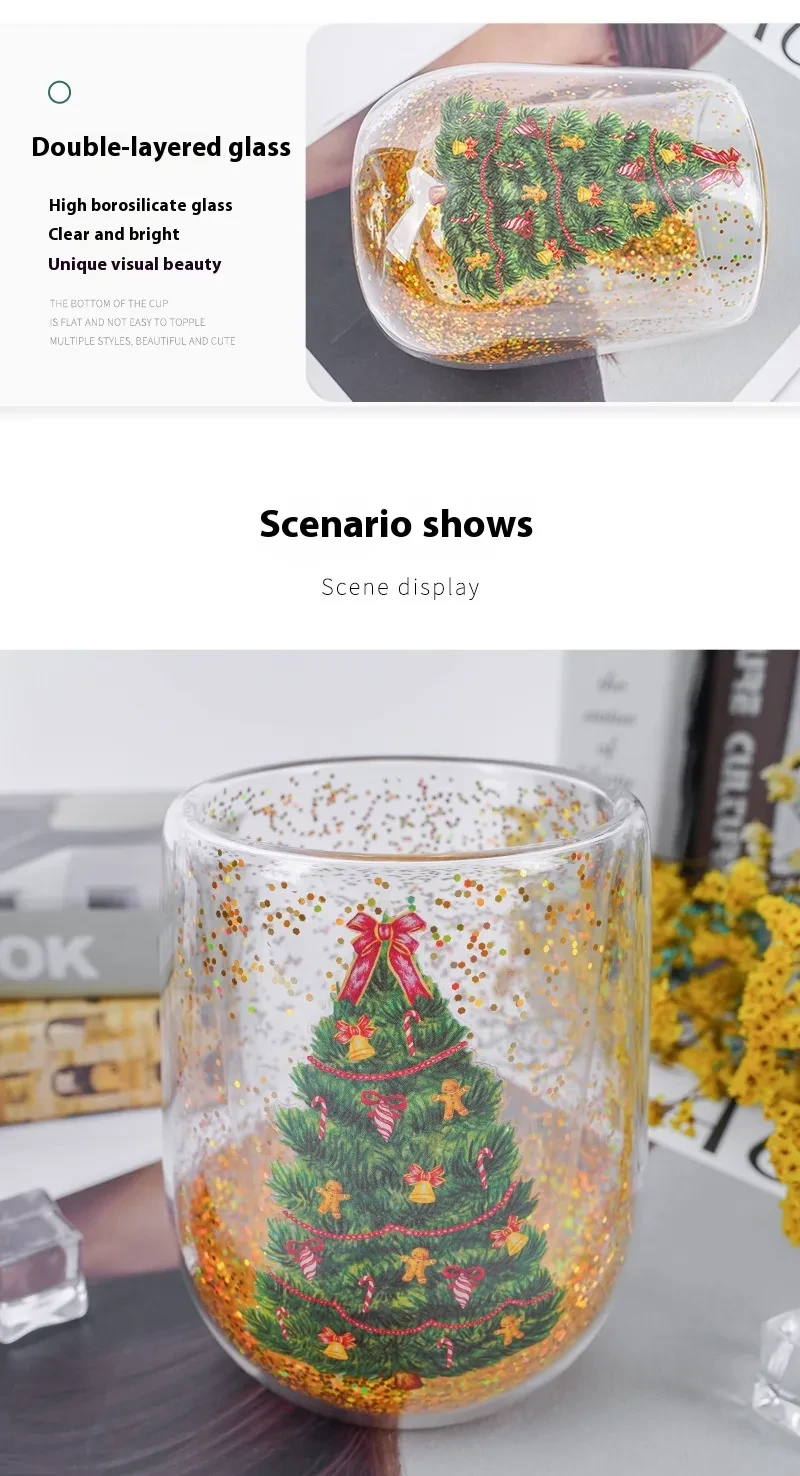 Christmas Tree Cups Heat Resistant Double Layer Flowing Sequins Christmas Cup Household Handwork Cartoon Christmas Trees Tumbler Kitchen Gadgets