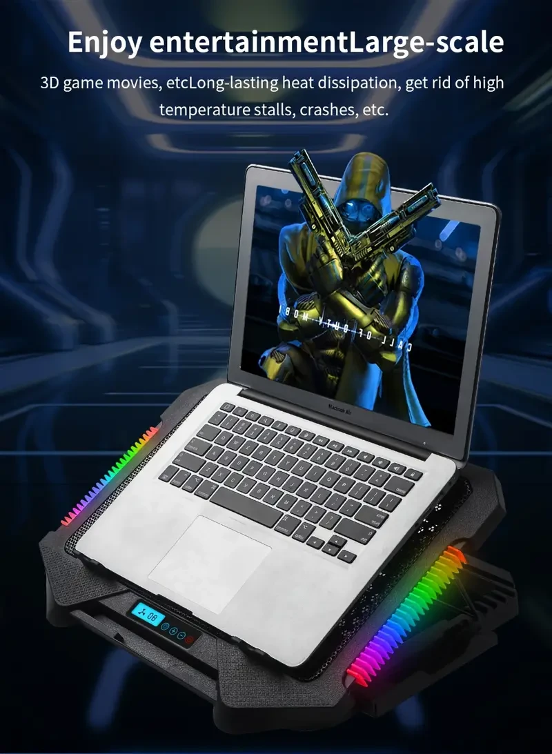 TISHRIC RGB Laptop Cooling Pad with 5 Fans, 6-Speed Height Adjustable, Dual USB Charging Ports, Ergonomic Stand for 30.48-43.18 cm Notebooks