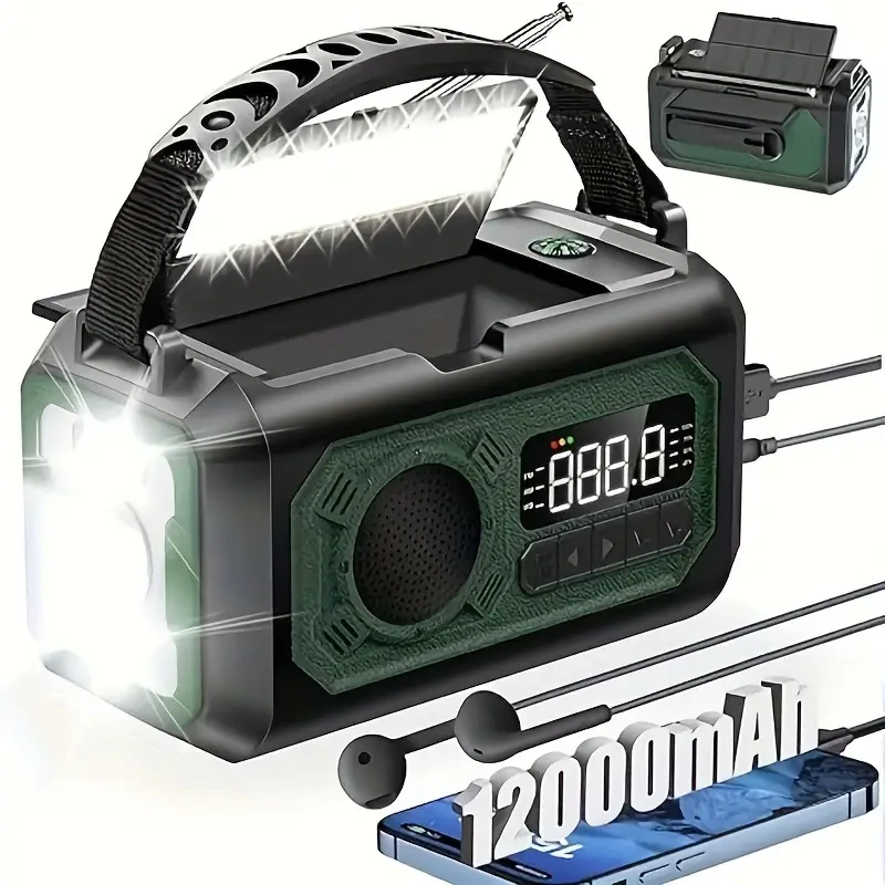 12000mAh Emergency Weather Radio - Solar & Hand Crank Portable Radio