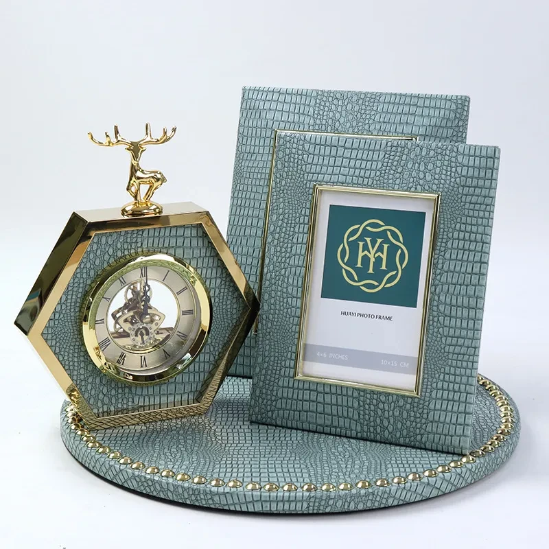 New Chinese Style Leather Tray Combination Photo Frame Clock Desktop