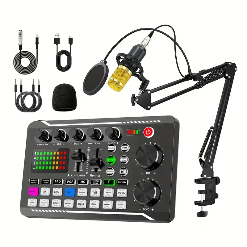 F998 Podcast Microphone Bundle - Condenser Mic with Live Sound Card Kit
