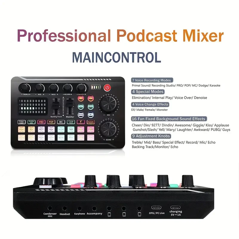 F998 Podcast Microphone Bundle - Condenser Mic with Live Sound Card Kit