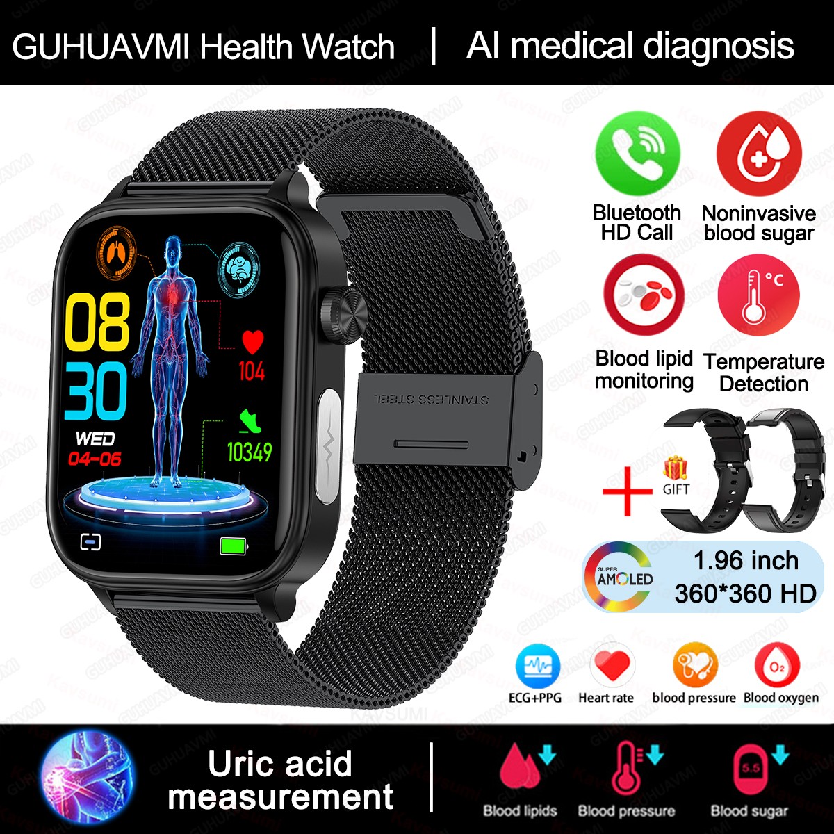 2024 AI Medical Diagnosis Smart Watch  Blood Lipids, Uric Acid, Blood Glucose Monitoring with ECG+PPG, Bluetooth Calls, and Health Tracking