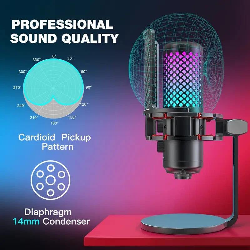 ZealSound Gaming USB Microphone - Quick Mute, RGB Indicator, Pop Filter