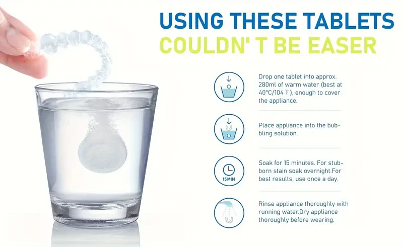 Cleaning Tablets, Foaming Orthodontic Cleaning Tablets, Fast Sterilization, Refreshing, Suitable for Full Dentures and Partial Dentures