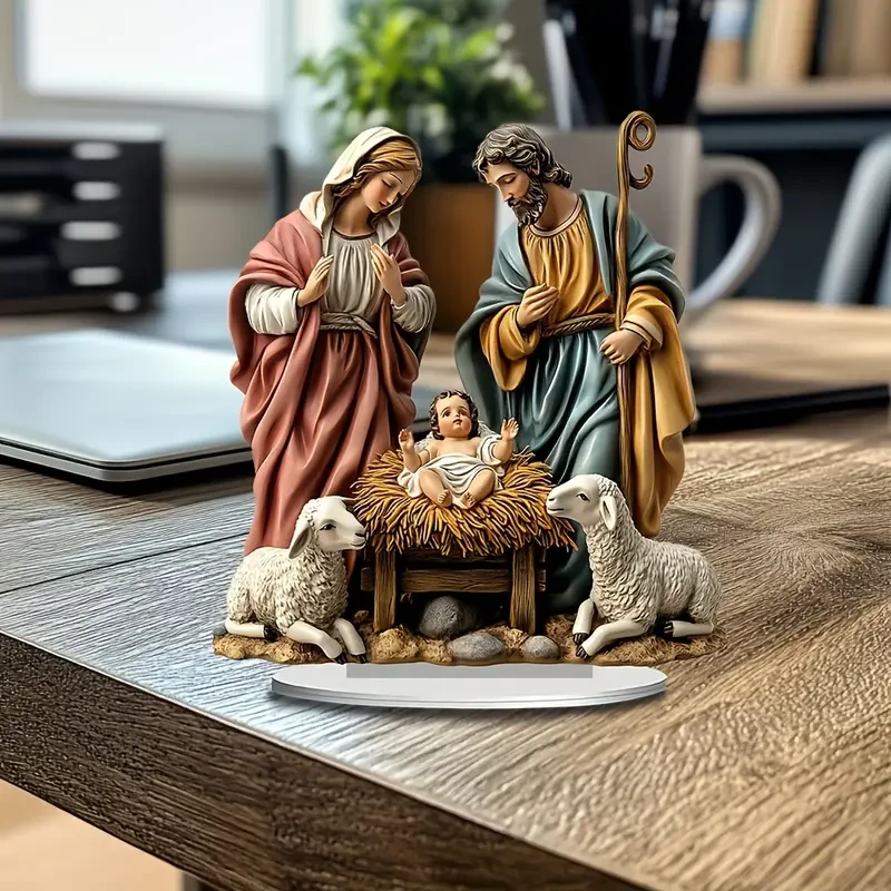 Classic Jesus Birth Acrylic Ornaments, Warm Shepherd Theme Decoration