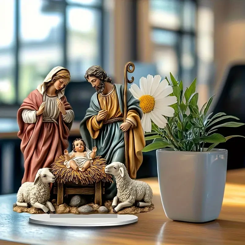 Classic Jesus Birth Acrylic Ornaments, Warm Shepherd Theme Decoration