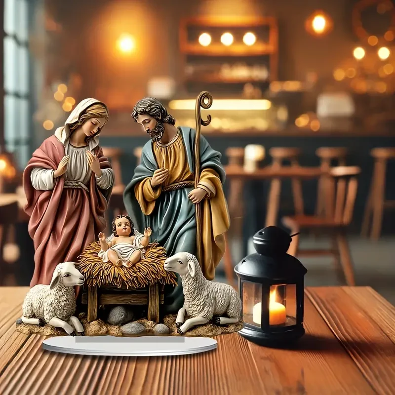 Classic Jesus Birth Acrylic Ornaments, Warm Shepherd Theme Decoration