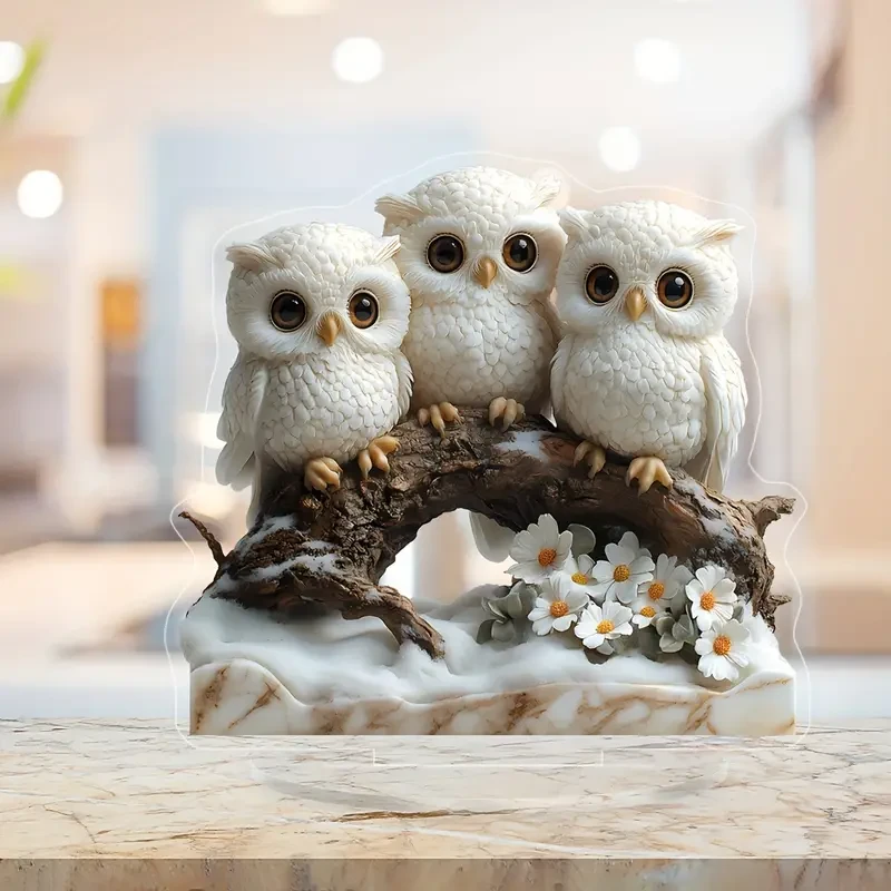 Boho Style Owl Figurine Ornaments - 1pc Acrylic Owl Family on Tree Branch