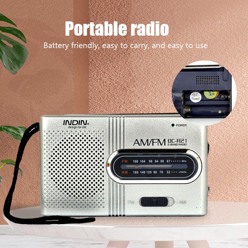 BC-R21 Portable AM/FM Radio Receiver with Built-in Speaker & 3.5mm Headphone Jack