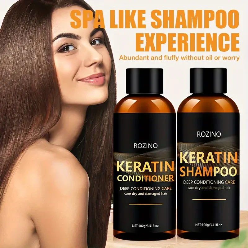 ROZINO Keratin Shampoo and Conditioner Set, 2pcs - Deep Conditioning and Cleaning Care for Dry Hair, Unisex-adult, Glycerin Enriched, Smooth Silky Finish, Hydrating Long-Lasting Scent, Hair Care Combo